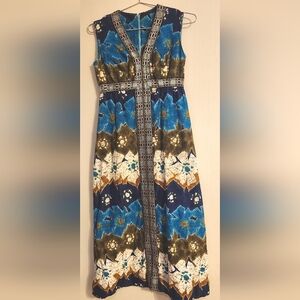 Vintage sleeveless high waisted batik maxi dress with metallic trim.